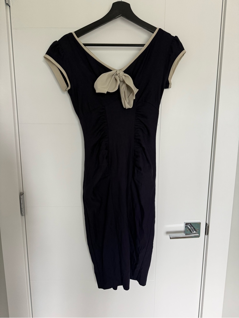 Stop Staring! Navy Ruched Wiggle Dress - Cream Bow Accent - Size XS
